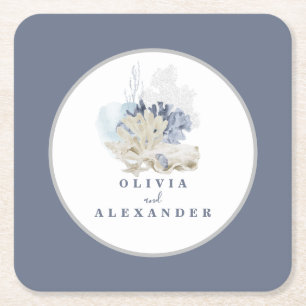 Coastal Beach blue seashell wedding Square Paper Coaster