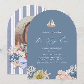 Coastal Beach Boat Big One First Birthday Photo Invitation