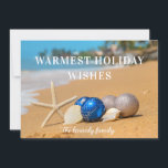 Coastal Beach Christmas Holiday Card<br><div class="desc">Coastal Beach Christmas Holiday Card - Christmas card features a gorgeous sandy beach with Christmas ornaments,  starfish and seashells. Greeting reads "Warmest Holiday Wishes" with your family name in a pretty,  modern script font. Card is part of a collection.

Designed by Beverly Bainbridge
Magnolia & Thistle</div>