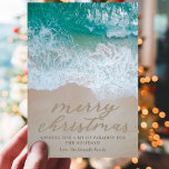 Coastal Beach Christmas Holiday Card<br><div class="desc">Simple beach christmas holiday card featuring a tropical sandy shoreline,  turquoise blue sea,  the festive saying "merry christmas" written in the sand,  a personalised message,  and your family name.</div>