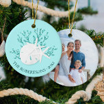 Coastal Beach Christmas Starfish Family Photo Ceramic Ornament<br><div class="desc">This personalised aqua blue coastal beach themed ornament, features a glitter coral piece with sand dollar and starfish, with family name and year on the front, and a photo on the back. *If you would like this design on more products or need design help, please contact me through Zazzle Chat....</div>