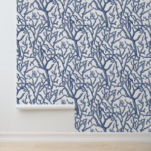 Coastal Beach Coral Branches Navy Blue Wallpaper