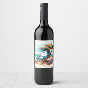 Coastal/Beach cute cartoon shark Wine Label
