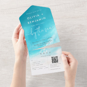 Coastal Beach Destination QR Code RSVP Wedding All In One Invitation