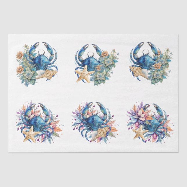 Coastal Beach Floral Blue Crab & Shells Decoupage  Tissue Paper (Front)