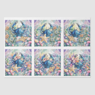 Coastal Beach Floral Blue Crab & Shells Decoupage  Tissue Paper