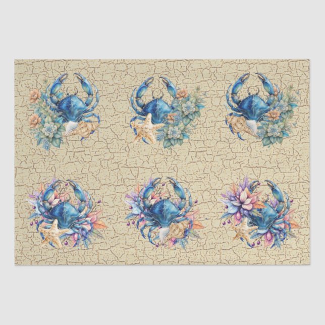 Coastal Beach Floral Blue Crab & Shells Decoupage  Tissue Paper (Front)