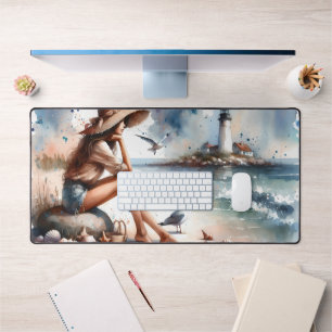 Coastal Beach Girl & Lighthouse Desk Mat