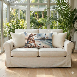 Coastal Beach Girl & Lighthouse  Lumbar Cushion