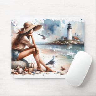 Coastal Beach Girl & Lighthouse Mouse Pad