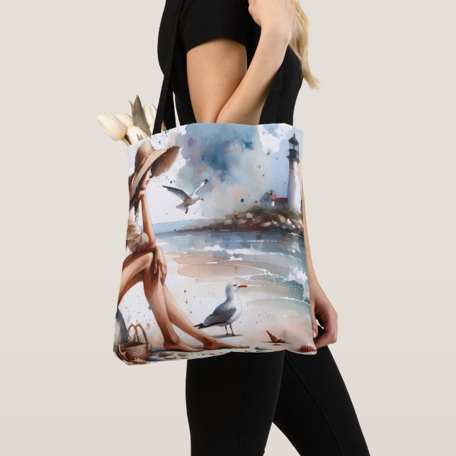 Coastal Beach Girl & Lighthouse  Tote Bag (Close Up)