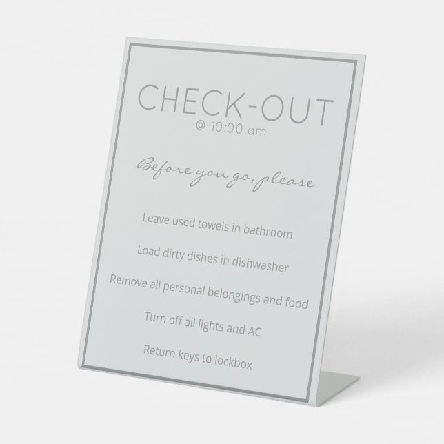 Coastal Beach Grey Guest Check Out Table Sign (Front)
