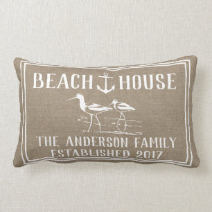 Coastal Beach House Anchor & Sandpiper Faux Burlap Lumbar Cushion