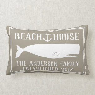 Coastal Beach House Anchor & Whale Family Name Lumbar Cushion