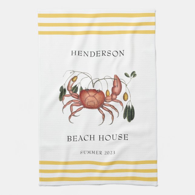 Coastal Beach House Crab Custom Name    Tea Towel (Vertical)