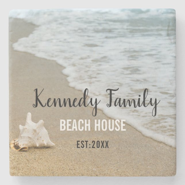Coastal Beach House Family Name Personalised Stone Coaster (Front)