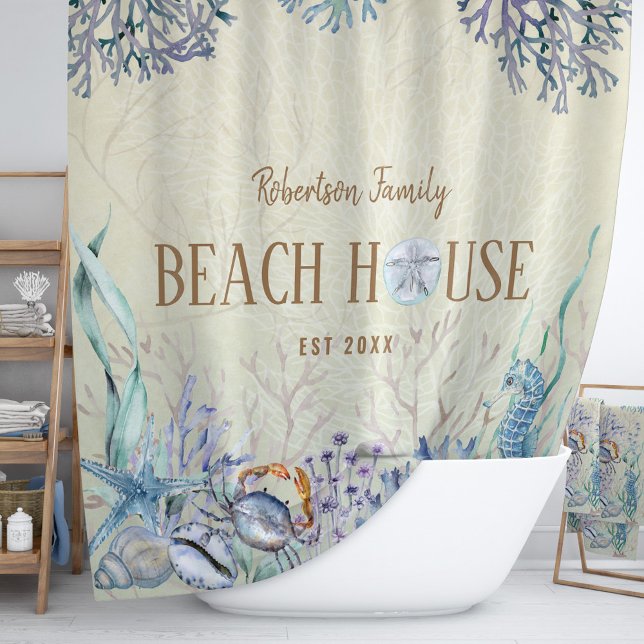 Coastal Beach House Sea Life Family Name Shower Curtain (Creator Uploaded)