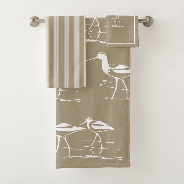 Coastal Beach House Stripes& Sandpiper Taupe Bath Towel Set (Insitu)