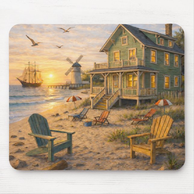Coastal Beach House Sunset Sailing Scene Mouse Pad (Front)