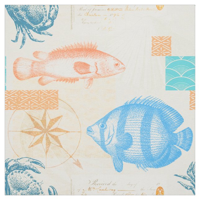 Coastal Beach House Vintage Fish and Shellfish Fabric (Swatch)