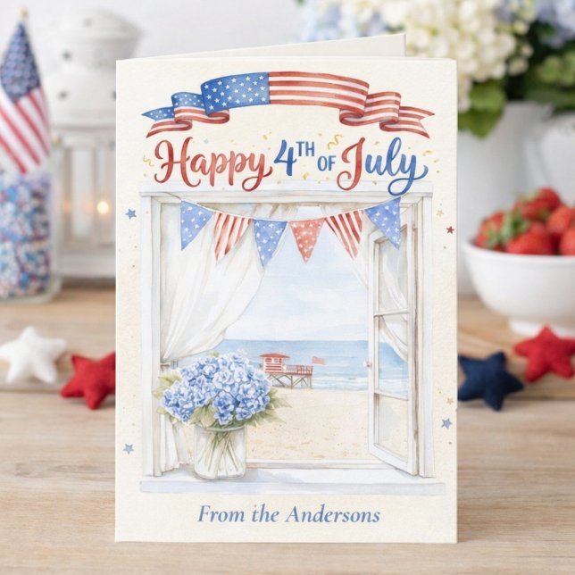 Coastal Beach Hydrangea Happy 4th of July Card (Creator Uploaded)