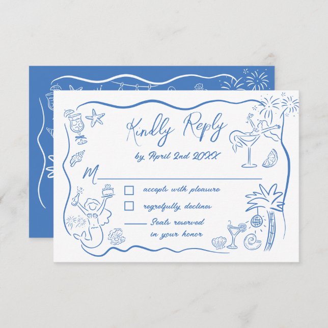 Coastal Beach Mermaid Doodles Bachelorette Weekend RSVP Card (Front/Back)