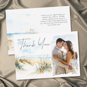 Coastal Beach Modern Watercolor Photo Wedding Thank You Card