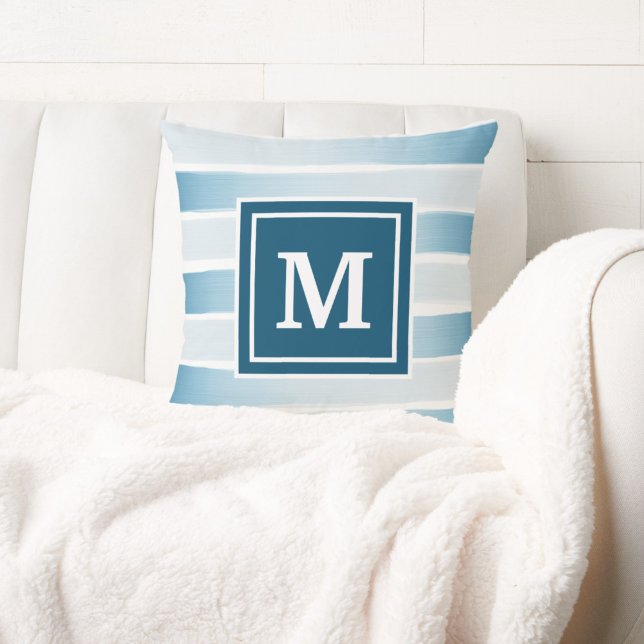 Coastal Beach Monogram Blue White Nautical Stripe Cushion (Creator Uploaded)