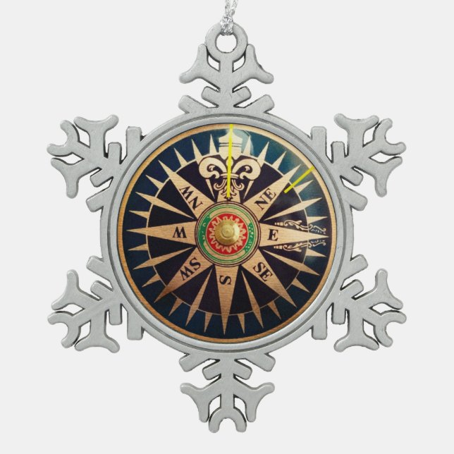 coastal beach nautical antique compass snowflake pewter christmas ornament (Front)