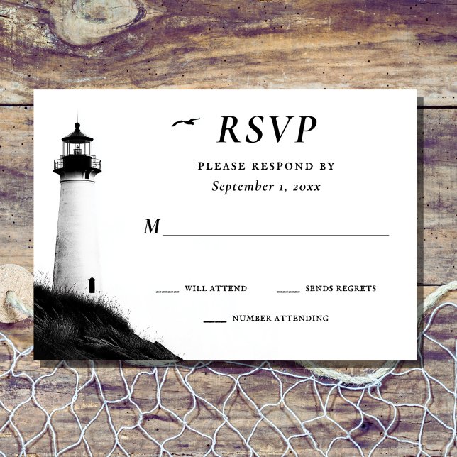 Coastal Beach Nautical Lighthouse Wedding RSVP Card (Front - Coastal Beach Nautical Lighthouse Wedding RSVP Card)