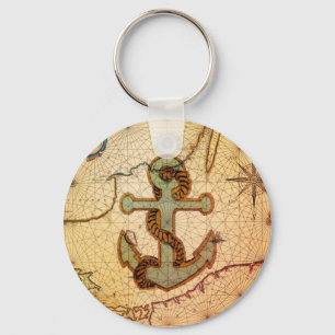 Coastal Beach Nautical Map vintage Anchor Key Ring