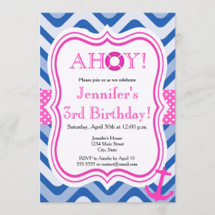 Coastal beach nautical pink girl happy birthday invitation