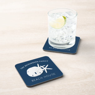 Coastal Beach Navy Blue Starfish Sand Dollar Coaster