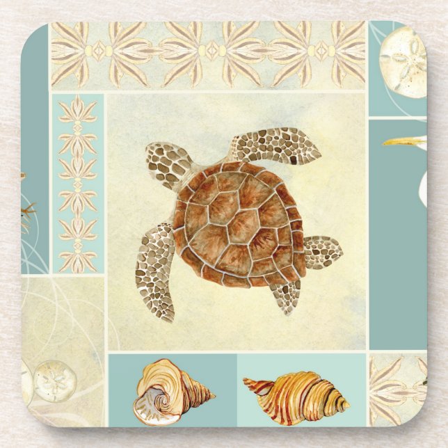 Coastal Beach Ocean Seashore Collage Sea Turtle Coaster (Front)