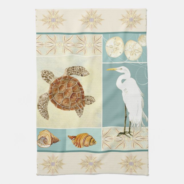 Coastal Beach Ocean Seashore Collage Sea Turtle Tea Towel (Vertical)