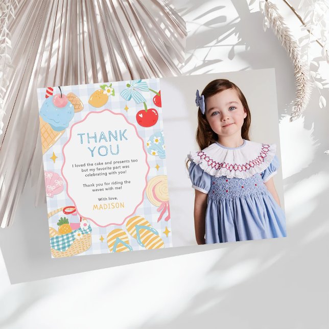 Coastal Beach Pastel Doodle Girls Birthday Photo Thank You Card (Creator Uploaded)