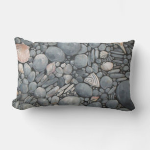 Coastal Beach Pebbles and Shells Painting Print Lumbar Cushion