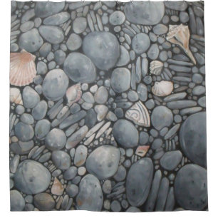 Coastal Beach Pebbles and Shells Painting Print Shower Curtain