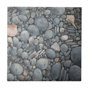 Coastal Beach Pebbles and Shells Painting Print Tile