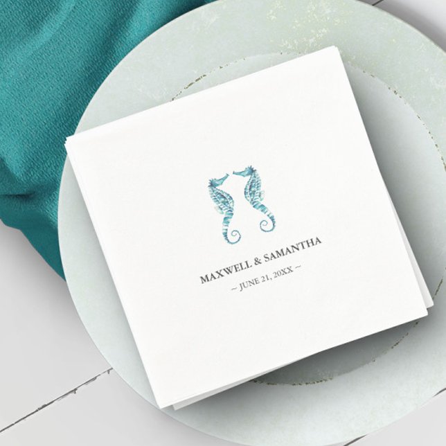 Coastal Beach Personalised Seahorses Napkin (Beach wedding personalized paper napkins watercolor seahorses by Victoria Grigaliunas)