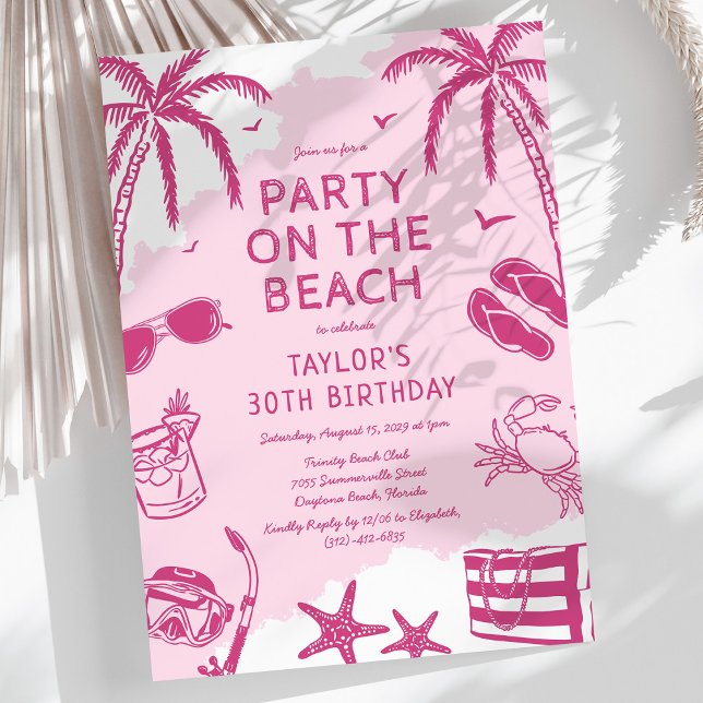 Coastal Beach Pink Doodle Birthday Party Invitation (Creator Uploaded)