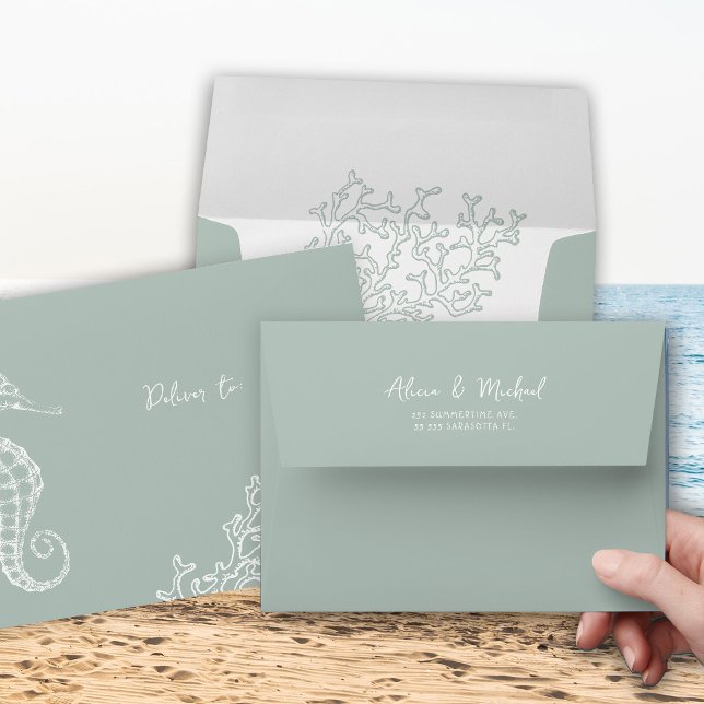 Coastal beach sage green destination wedding  envelope (Creator Uploaded)