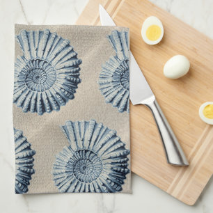 Coastal Beach Sand & Blue Spiral Seashells Tea Towel