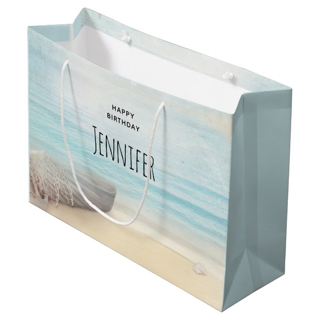Coastal Beach Scene with a Fishing Boat Birthday Large Gift Bag (Front Angled)