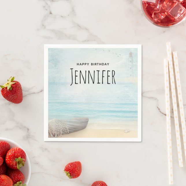 Coastal Beach Scene with a Fishing Boat Birthday Napkin (Insitu)