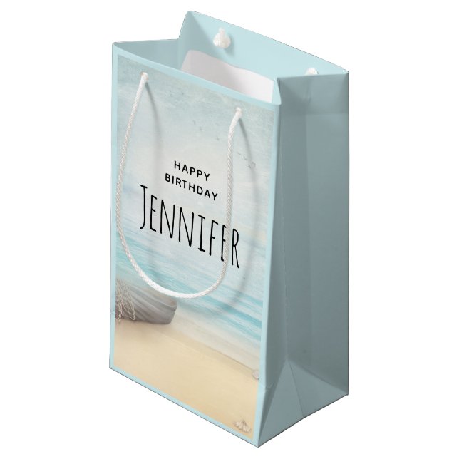 Coastal Beach Scene with a Fishing Boat Birthday Small Gift Bag (Front Angled)