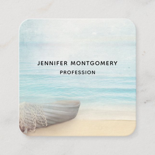 Coastal Beach Scene with a Fishing Boat Business C Square Business Card (Front)
