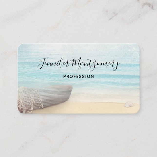Coastal Beach Scene with a Fishing Boat Business Card (Front)