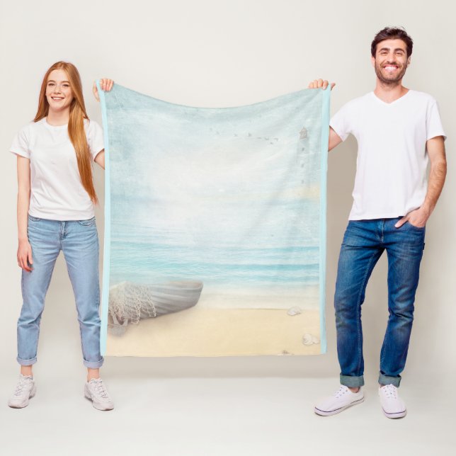 Coastal Beach Scene with a Fishing Boat Fleece Blanket (In Situ)