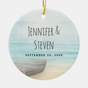Coastal Beach Scene with a Fishing Boat Wedding Ceramic Ornament